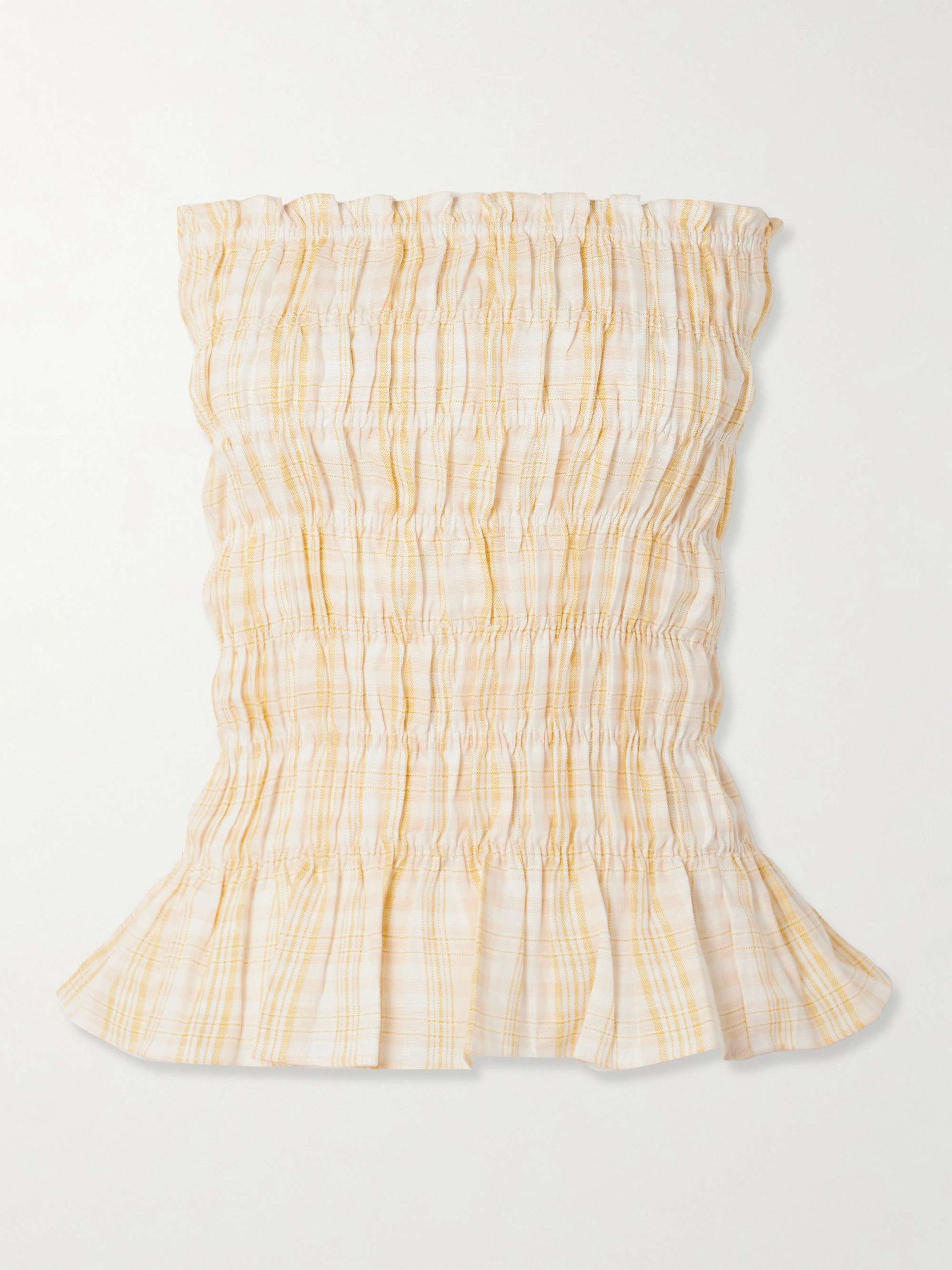 Iris Strapless Shirred Checked Linen Top