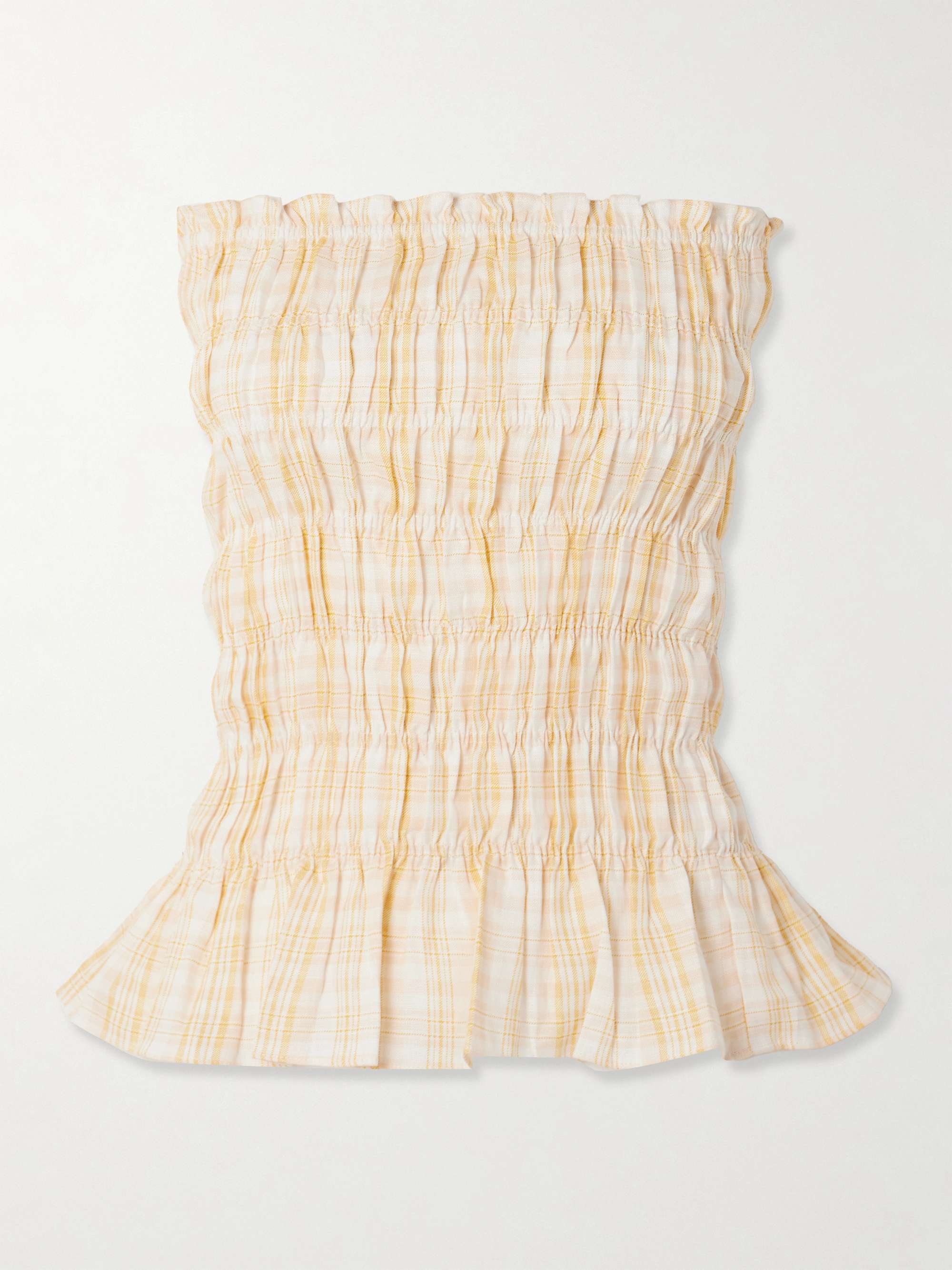 Iris Strapless Shirred Checked Linen Top