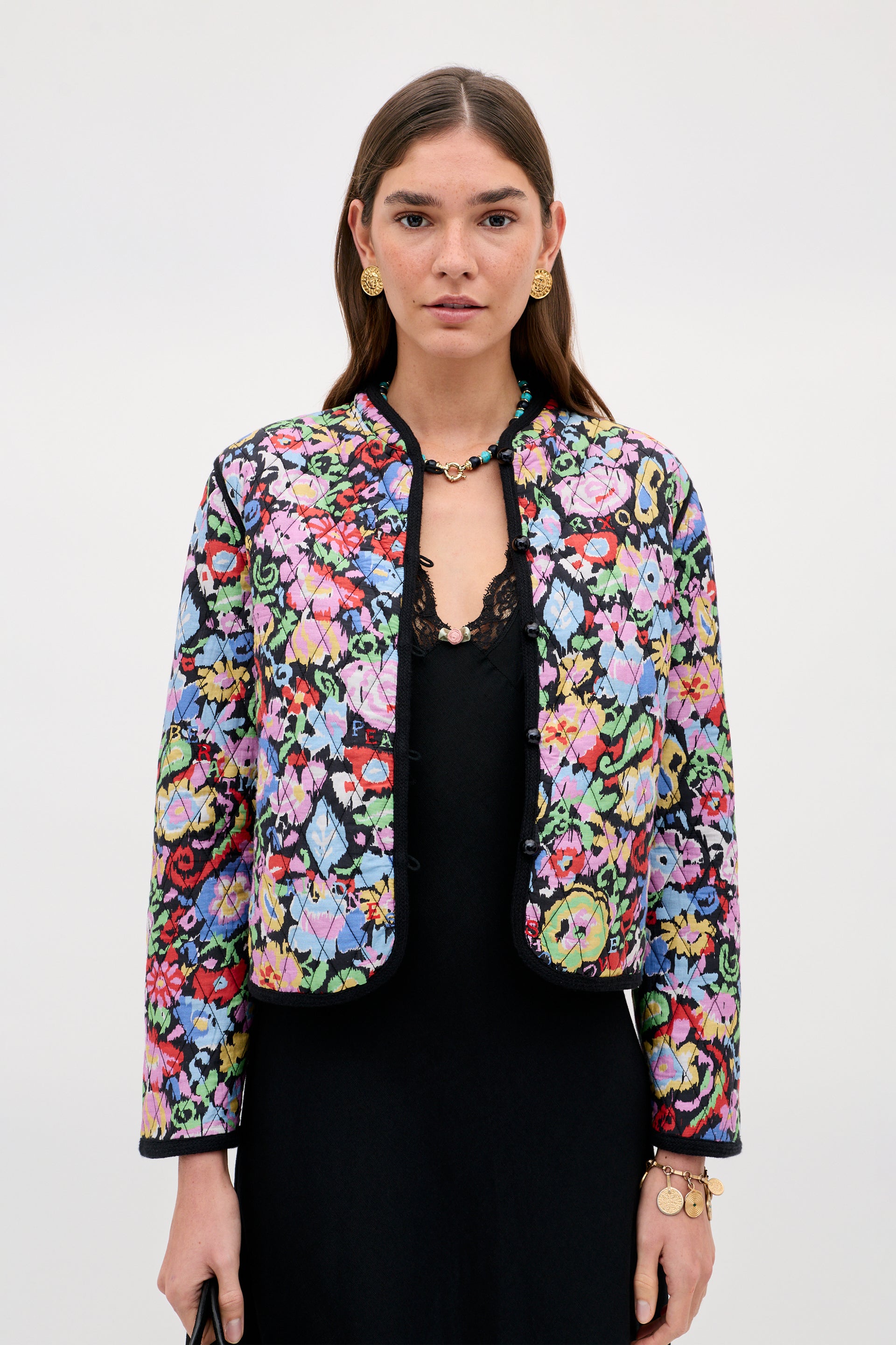 Lyanne Silk-Cotton Quilted Jacket in Black Ikat Bloom Charcoal