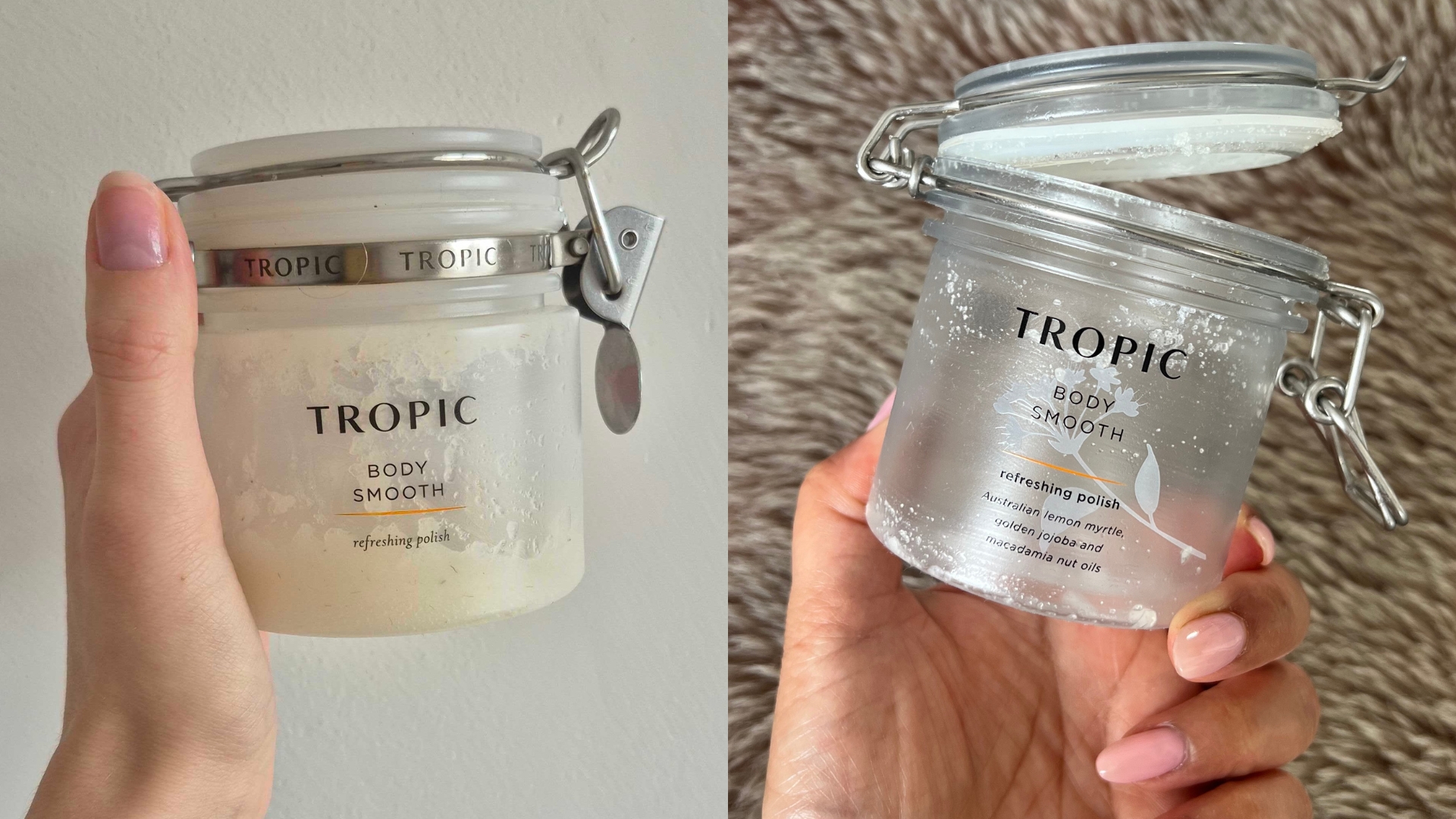 Collage of two empty Tropic Body Smooth Body Scrubs