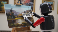 Ideogram generated image of a robot labeling a painting which is also AI generated