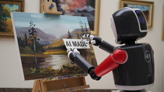 Ideogram generated image of a robot labeling a painting which is also AI generated