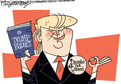 Political cartoon U.S. Trump budget bombs defense spending
