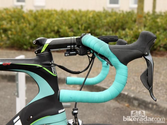 The traditional-bend bars are set up with the bottom of the drops roughly level with the ground