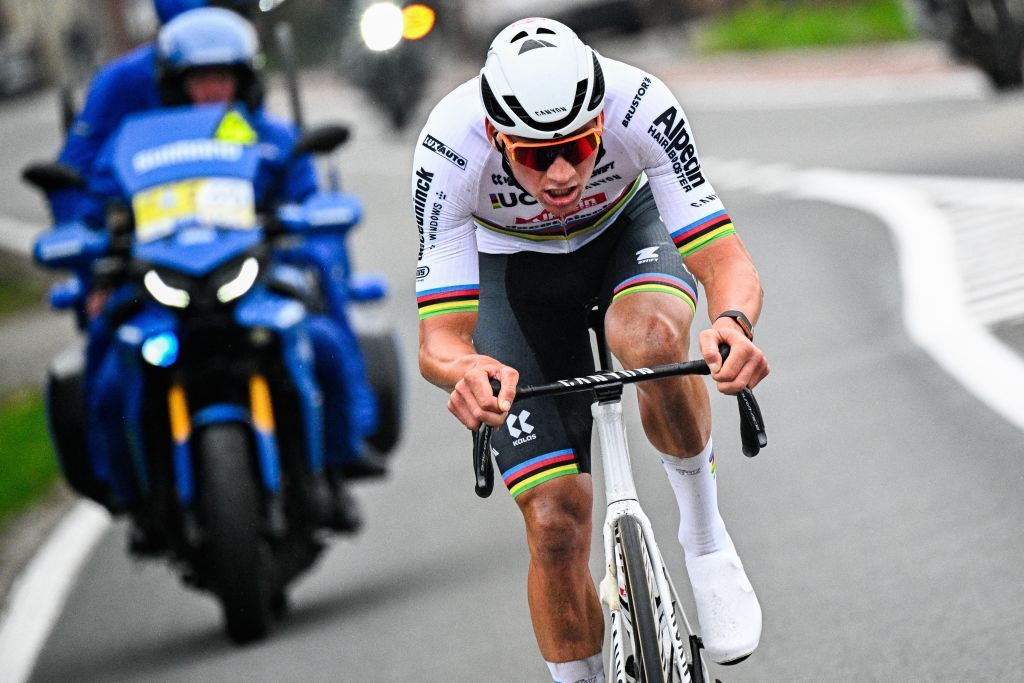 Dutch Mathieu van der Poel of Alpecin-Deceuninck pictured in action during the 'E3 Saxo Bank Classic' one day cycling race, 207km from and to Harelbeke, Friday 22 March 2024. BELGA PHOTO JASPER JACOBS (Photo by JASPER JACOBS / BELGA MAG / Belga via AFP)
