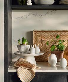 A white kitchen counter with Easter decorations on a cake tray, beside some freshly sprouting plants and flowers. 