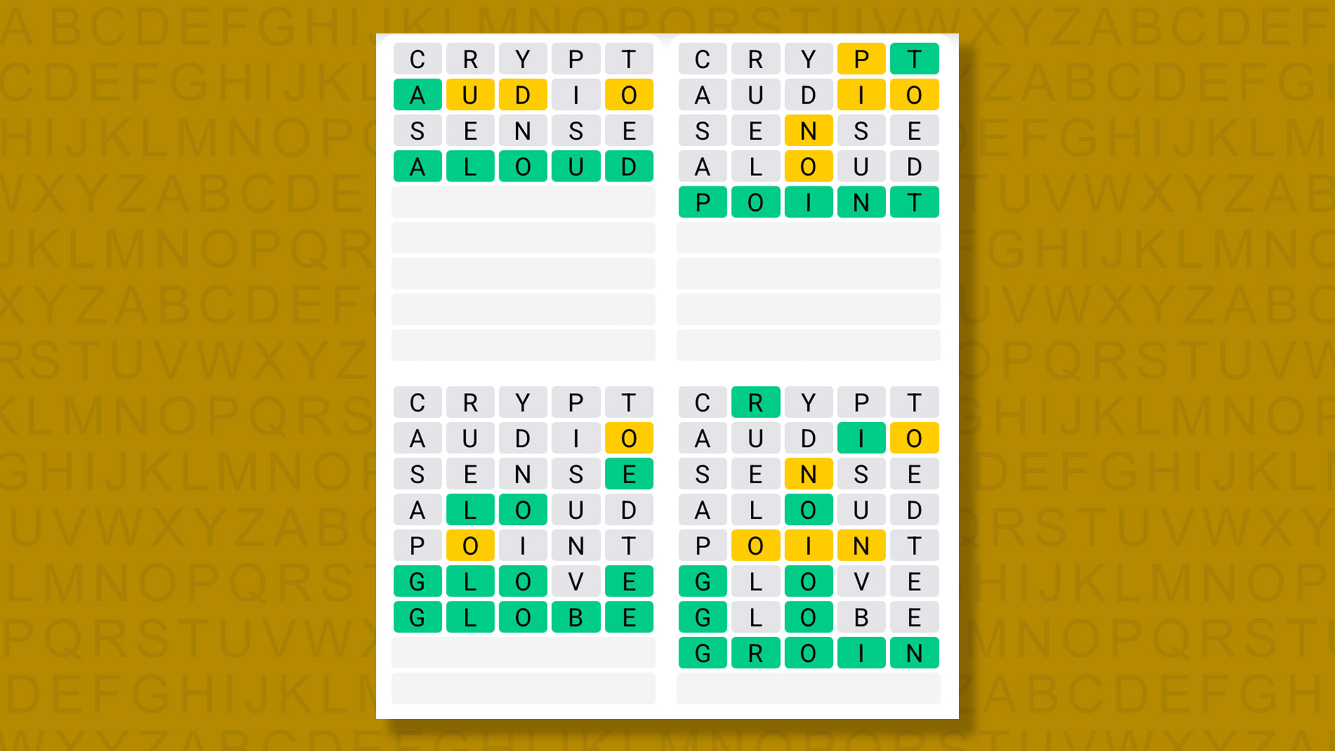 Quordle answers for game 1607 on a yellow background