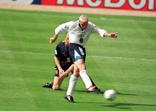 Paul Gascoigne scores his famous goal for England against Scotland at Euro 96