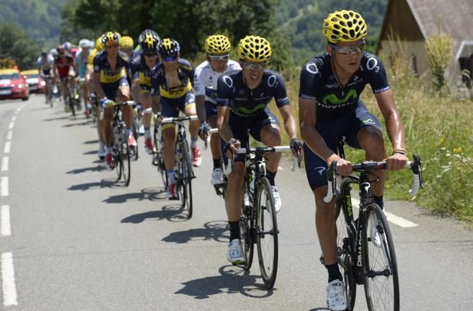 Movistar massed at the front, driving the yellow jersey group