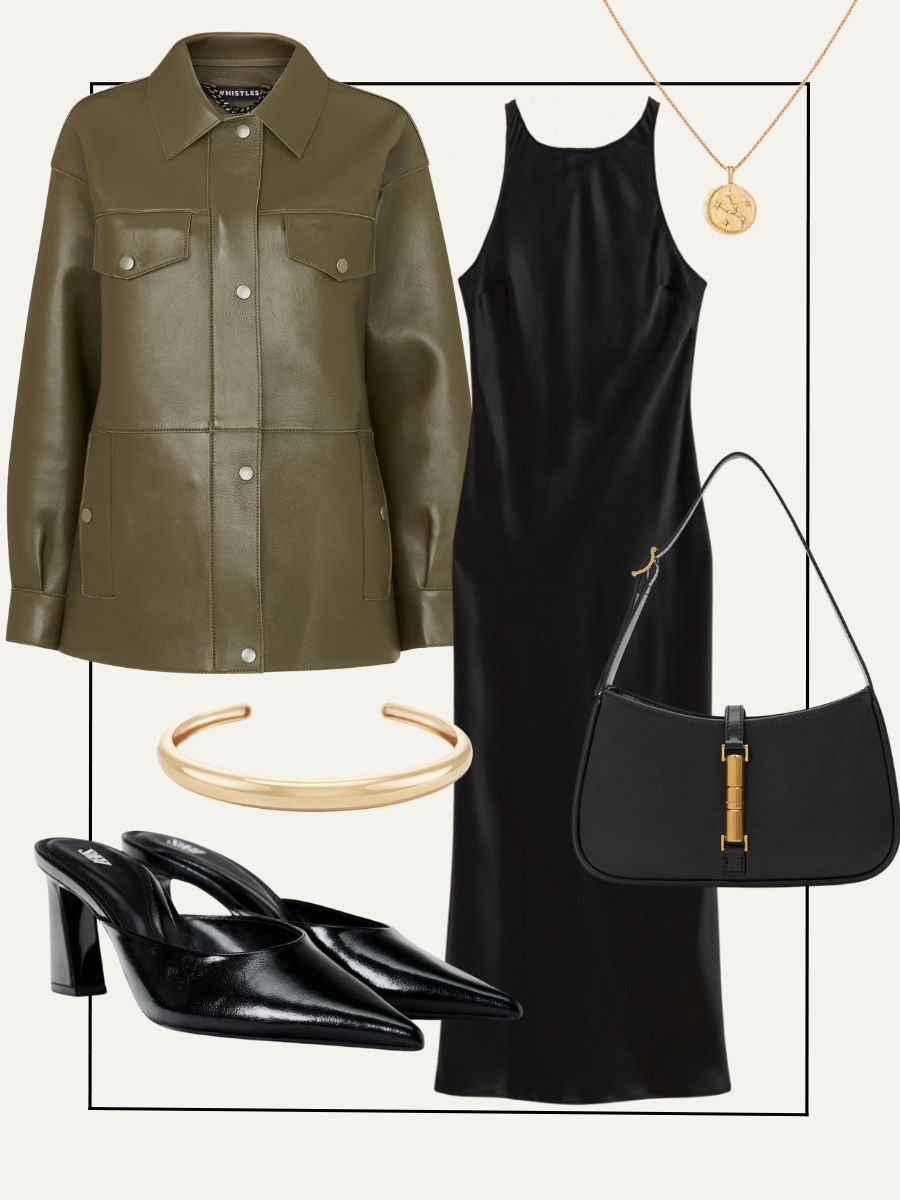 Collage of leather jacket, gold cuff bracelet, gold necklace, black mules and handbag