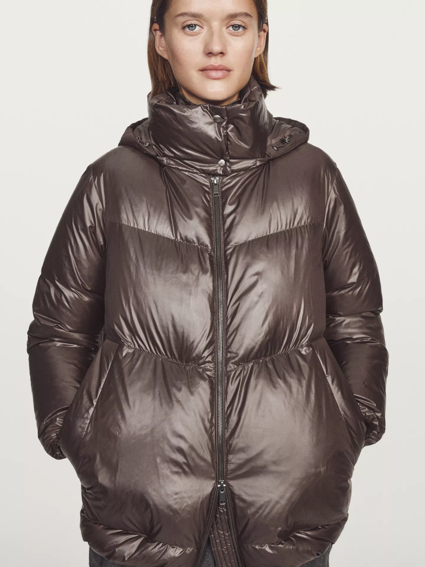 Massimo Dutti, Water-Repellent Shiny Down Jacket With Detachable Hood
