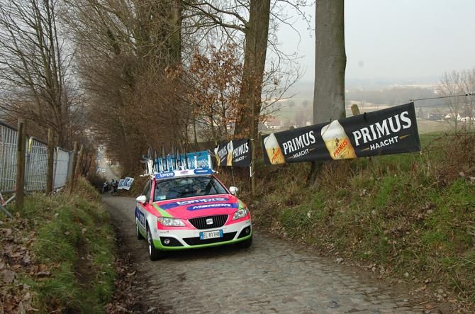 The Lampre car squeezes through the steep embankments