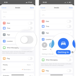 Add location to a task In Reminders: Tap the location on/off switch and then tap the option you want.