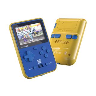 A picture showing the front and back of the Capcom version of the Super Pocket. A retro game can be seen on the screen.