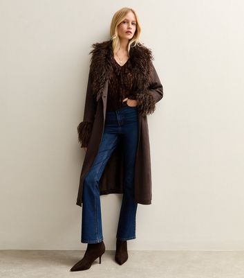 Dark Brown Faux Fur Trimmed Faux Suede Coat
