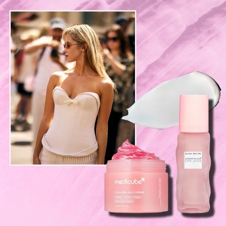 a blonde woman in a white sleeveless top on a pink background with two bottles of oil-free moisturizer in pink packaging