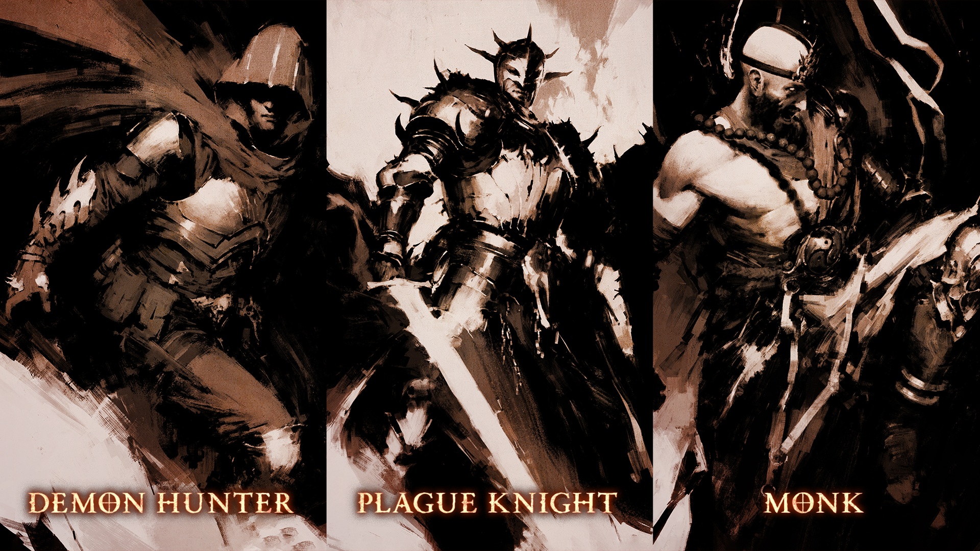 Diablo 5 artwork showing three confirmed classes: Demon Hunter, Plague Knight, and Monk