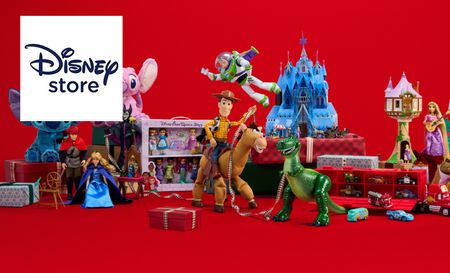 Disney store logo top left with a collection of iconic disney characters