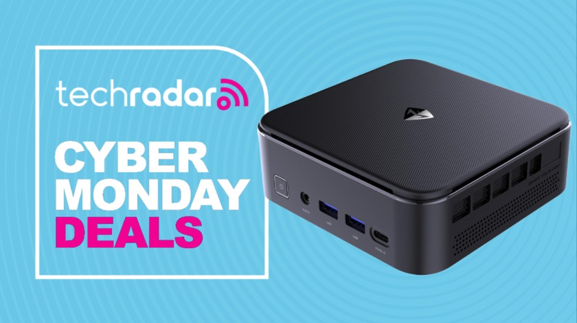 Machinelike mini PC on a light blue background next to a TechRadar badge reading &#039;Cyber Monday deals&#039;