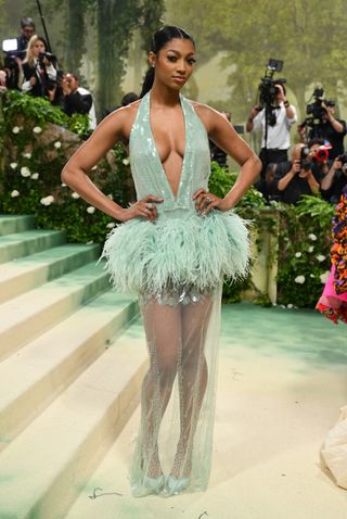 Angel reese at the 2024 met gala in a plunge sequin dress