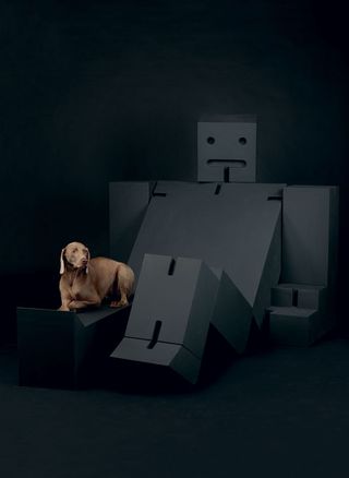 Photo of a dog sitting on a black robot