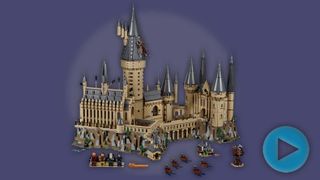 The Lego Harry Potter Hogwarts CAstle on a purple background with the What to watch logo on the side.