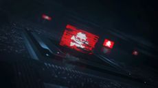 Pirate skull cyber attack digital technology flag cyber on on computer CPU in background. Darknet and cybercrime banner cyberattack and espionage concept illustration.