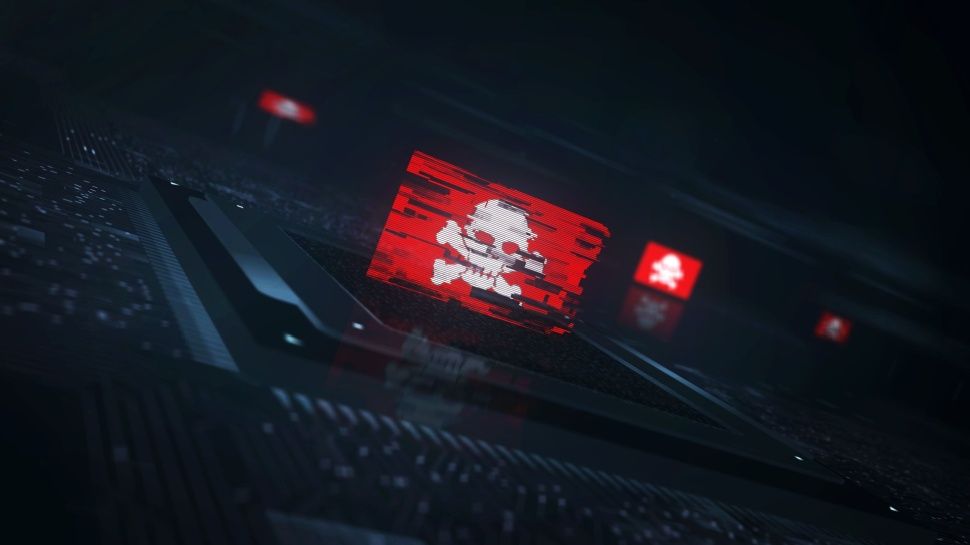 Pirate skull cyber attack digital technology flag cyber on on computer CPU in background. Darknet and cybercrime banner cyberattack and espionage concept illustration.