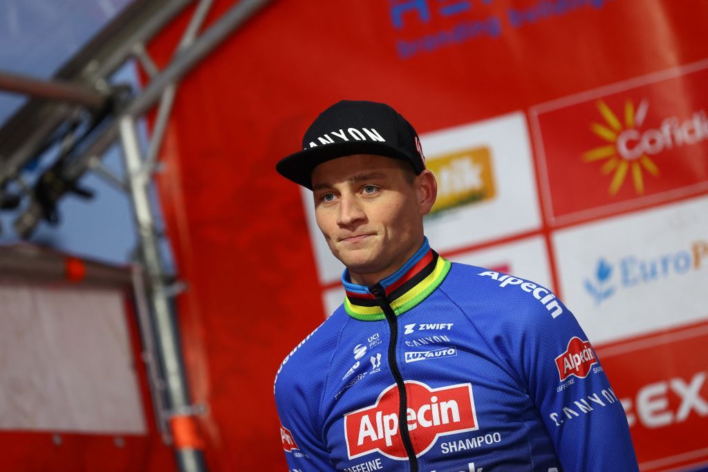 Second placed Dutch Mathieu Van Der Poel celebrates on the podium after the mens elite race of the cyclocross cycling event race 68 during the Exact Cross competition on December 30 2022 in Loenhout Belgium Belgium OUT Photo by DAVID PINTENS BELGA AFP Belgium OUT Photo by DAVID PINTENSBELGAAFP via Getty Images