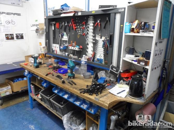 Lapierre's factory in Dijon, France, doesn't have a traditional assembly line. Each bike is assembled by one mechanic at a workstation like this