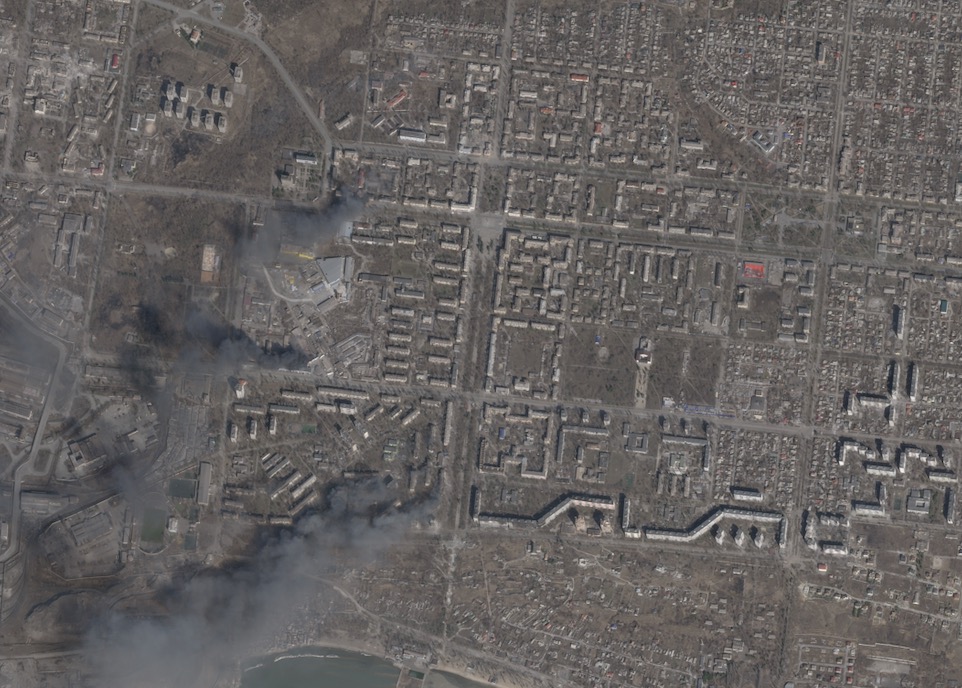 This photo taken by a Planet-powered satellite on March 20, 2022 shows fires burning to the east of Mariupol.
