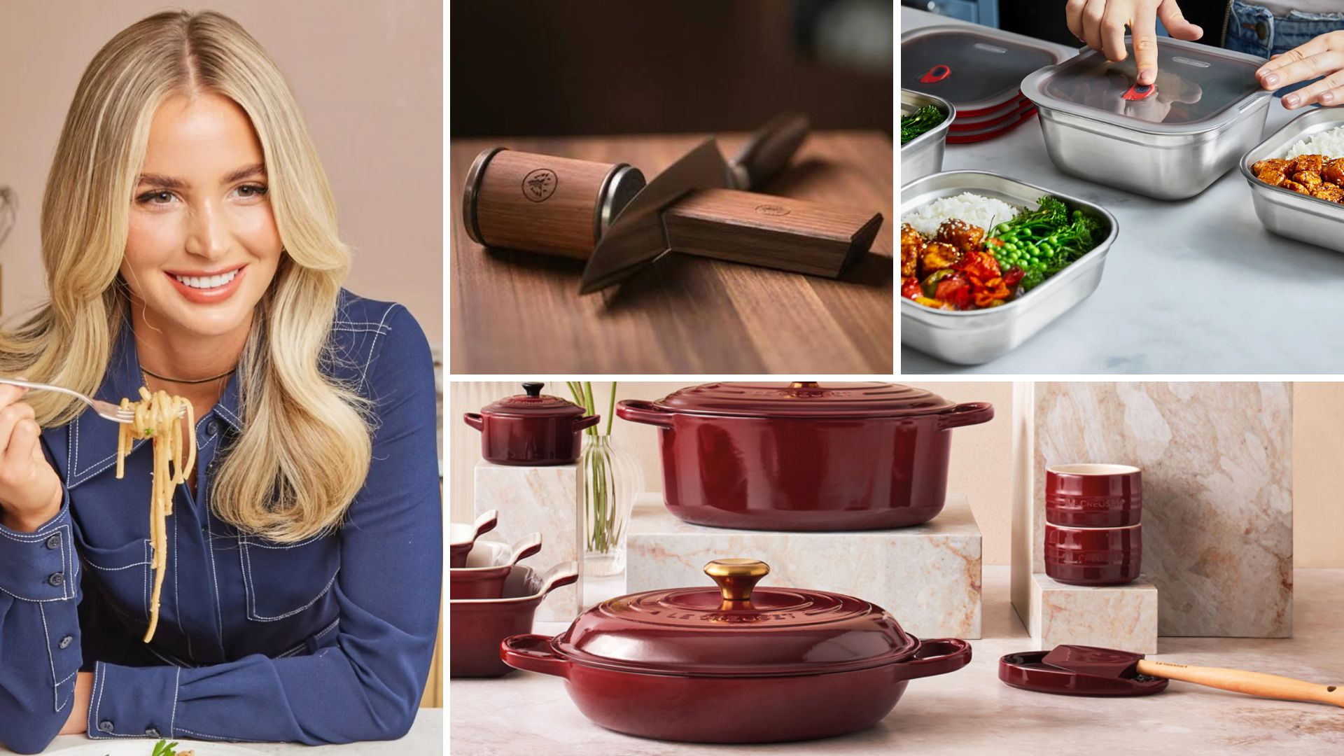 A compilation of images including Emily English, the Horl Knife Sharpener, Le Creuset Casserole Dish, and Black + Blum Stainless Steel boxes