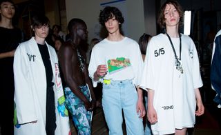 Models wear denim and plain t-shirts at Off-White S/S 2019