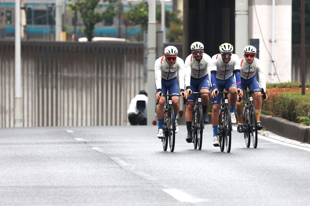 SAITAMA JAPAN NOVEMBER 02 Anthony Turgis of France Sandy Dujardin of France Fabien Grellier of France Jordan Jegat of France and Team TotalEnergies sprint during the 10th Tour de France Saitama Criterium 2024 Time Trial Race a 32km one day race from Saitama to Saitama on November 02 2024 in Saitama Japan Photo by Rhode Van ElsenGetty Images