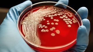 Drug-resistant Staphylococcus aureus in a lab dish, held by gloved hand