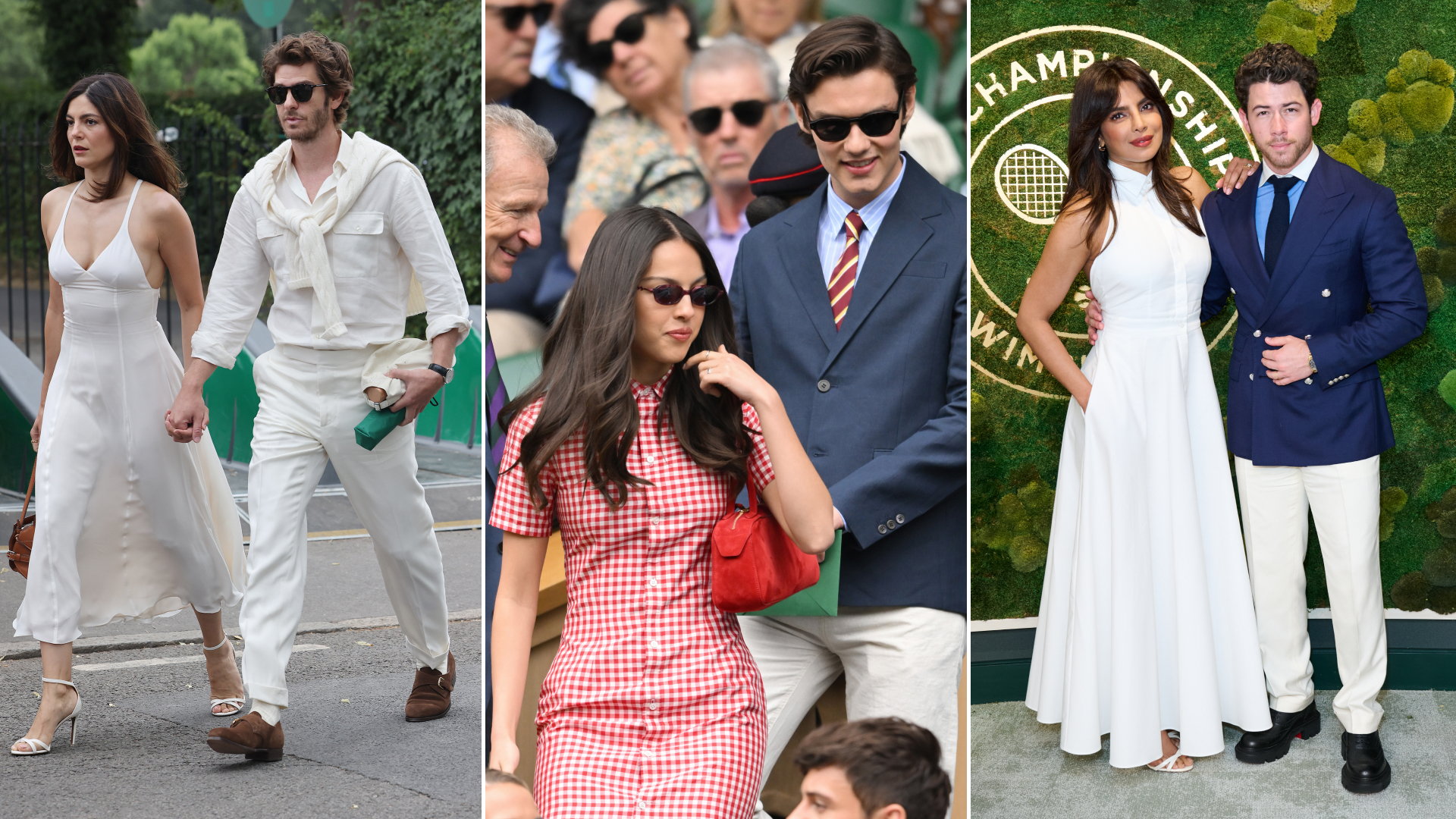 a collage of three celebrity couples at Wimbledon
