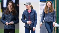 Composite of images of Kate Middleton wearing the same quilted Barbour jacket in Belfast in 2019, Scotland in 2021 and in County Durham in 2021