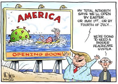 Political Cartoon U.S. Trump total authority delays reopening economy Fauci healthcare