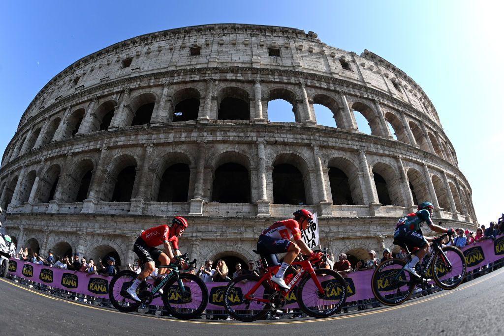 ROME ITALY MAY 28 LR Maxime Bouet of France and Team Arka Samsic Toms Skuji of Latvia and Team Trek Segafredo and Cesare Benedetti of Italy and Team BORA hansgrohe compete in the breakaway close to the The Colosseum during the 106th Giro dItalia 2023 Stage 21 a 126km stage from Rome to Rome UCIWT on May 28 2023 in Rome Italy Photo by Tim de WaeleGetty Images