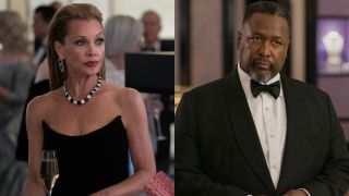 From left to right: a side-by-side of Vanessa Williams dressed in a formal gown and Wendell Pierce wearing a dapper suit in Elsbeth Season 2. 