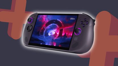 Lenovo Legion Go S SteamOS edition with grey and orange GamesRadar+ backdrop.