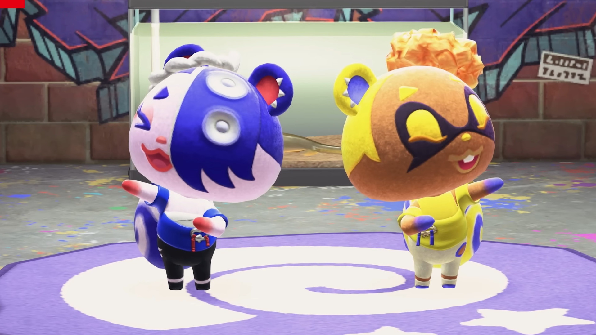 Cece and Vich&amp;eacute;, two villagers in Animal Crossing: New Horizons inspired by Splatoon 3, strike poses next to each other