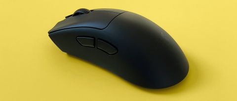 A Razer DeathAdder V3 HyperSpeed mouse against a yellow background.