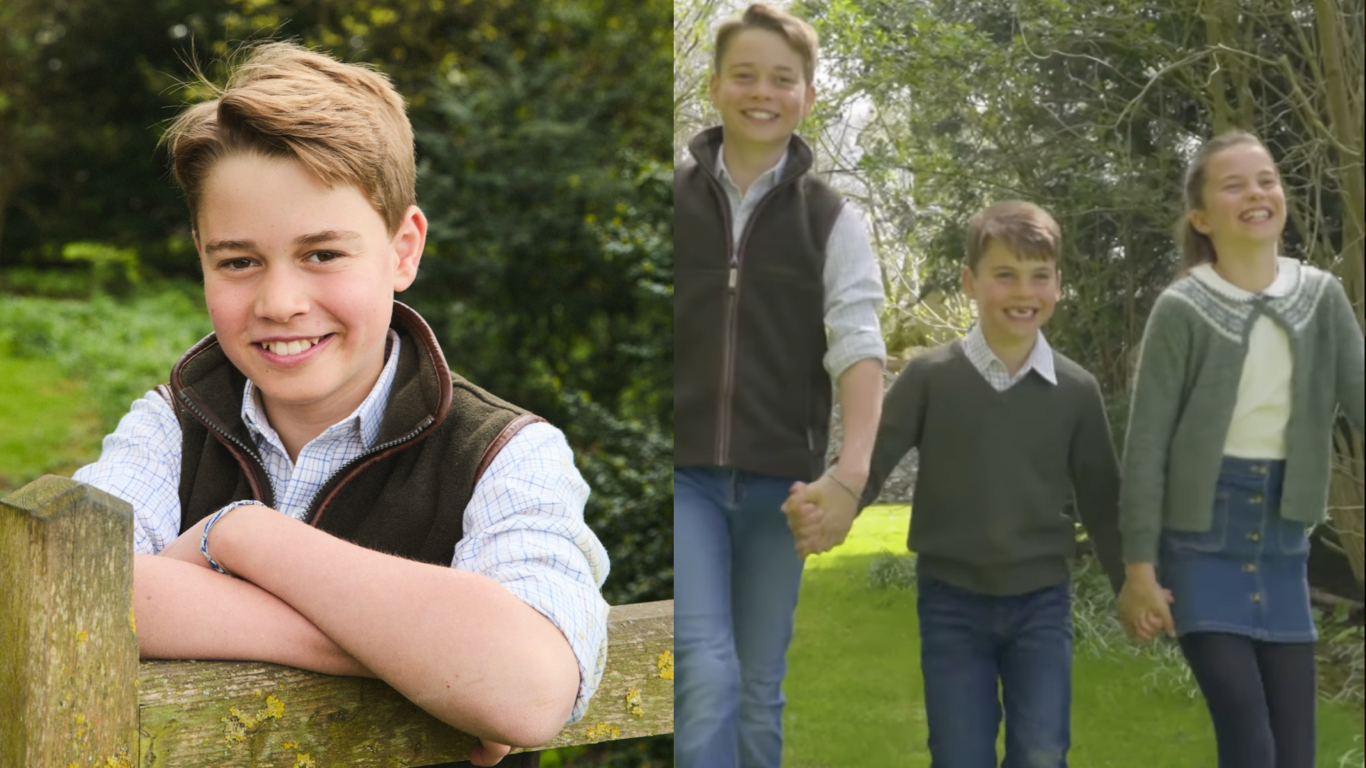 Prince George wearing a vest smiling and leaning on a fence, George, Louis and Charlotte holding hands and laughing