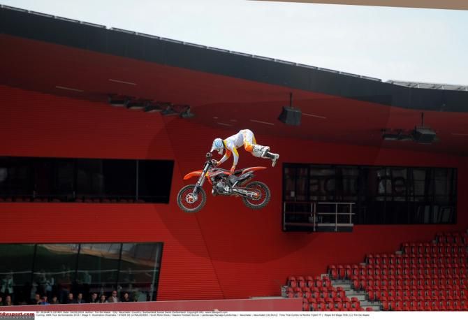 A motocross rider entertains the crowds