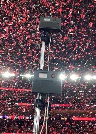 Red confetti rains down on a Riedel Communications Bolero system after the Georgia Bulldogs win the national championship.