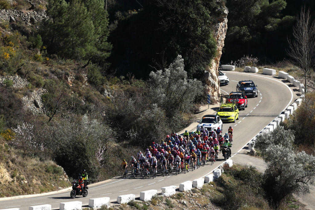 COCENTAINA SPAIN FEBRUARY 18 A general view of the peloton passing through a landscape during the 6th Setmana Ciclista Valenciana Vuelta Comunidad Valenciana Feminas 2022 Stage 2 a 117km stage from Altea to Cocentaina 450m VoltaCVFemines22 on February 18 2022 in Cocentaina Spain Photo by Gonzalo Arroyo MorenoGetty Images