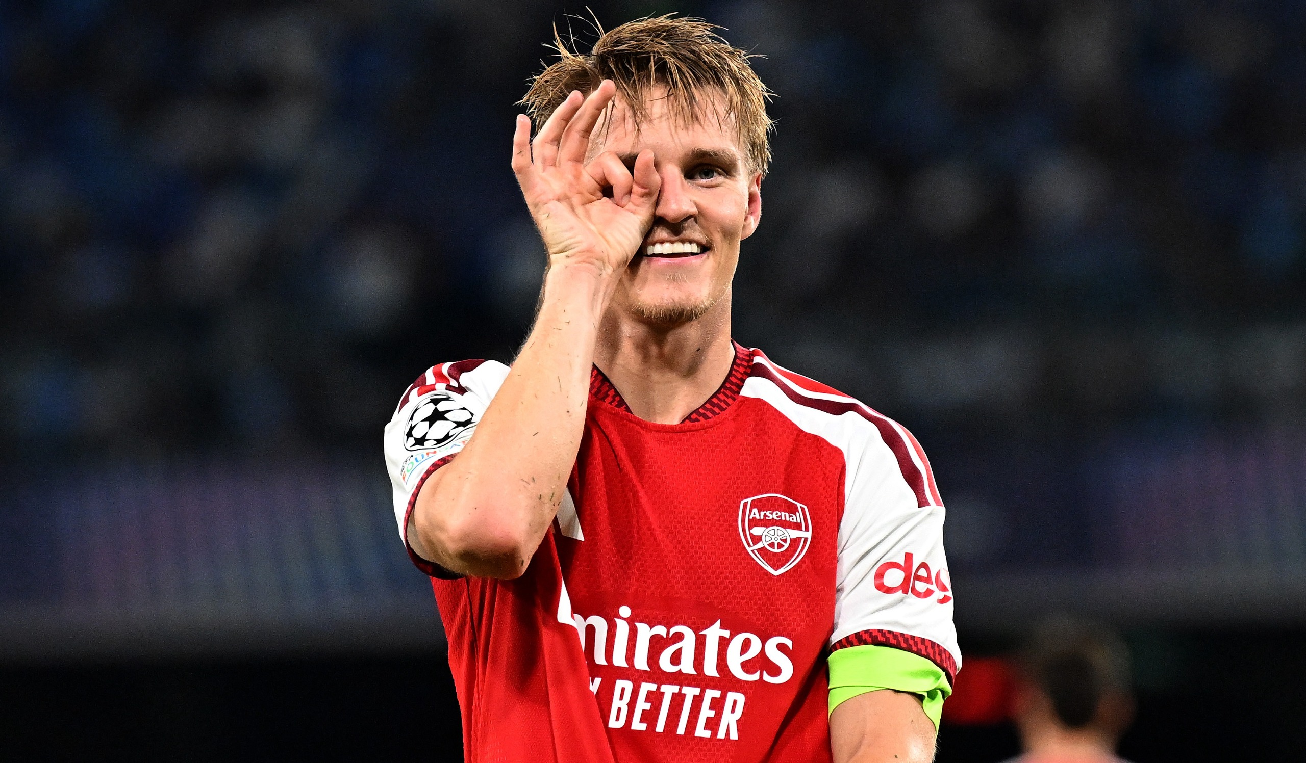 Martin Odegaard of Arsenal celebrates scoring the winner in the UEFA Champions League 2026/27 League Phase match against Napoli at Stadio Diego Armando Maradona on September 09, 2026 in Naples, Italy