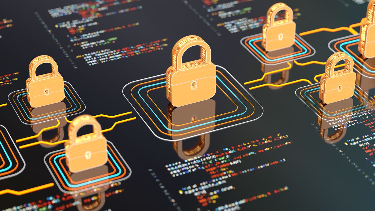 3D rendering of several gold padlocks sat upon a circuit board