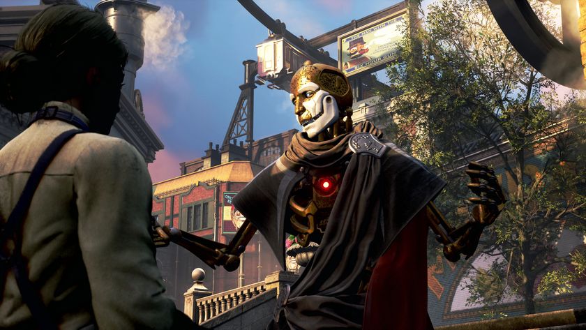 Clockwork Revolution screenshot showing the player character in conversation with a mechanical NPC